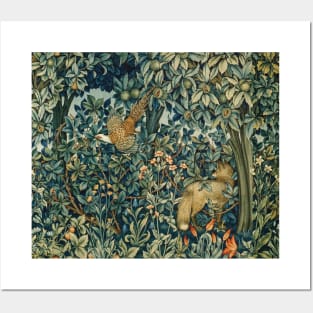 Greenery Forest Animals - Pheasant and Fox Blue Green Floral Posters and Art